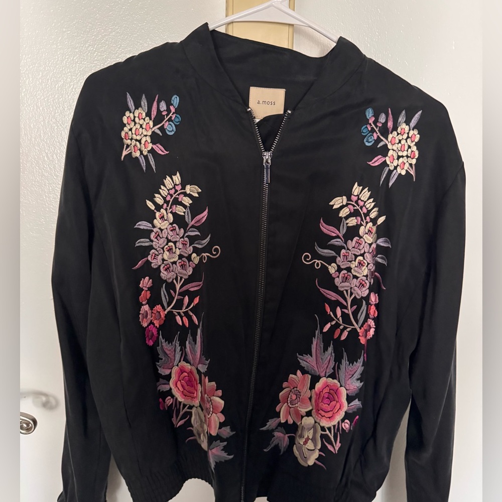 Black Embroidered Bomber Jacket - Floral Detail